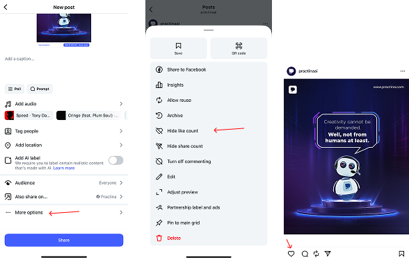 Hiding Likes on IG Before Publishing