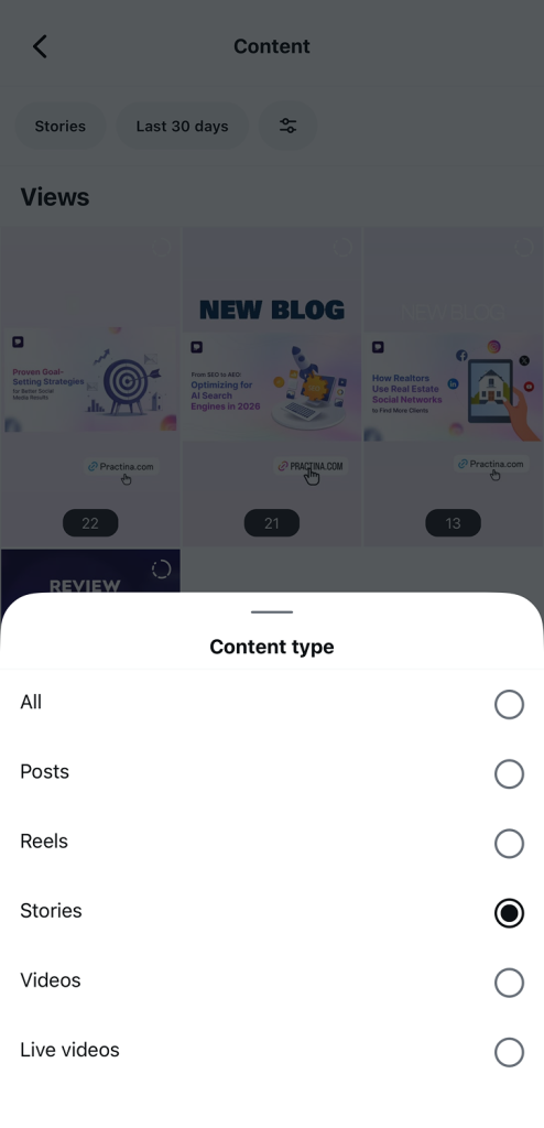 Insights → Content → Stories