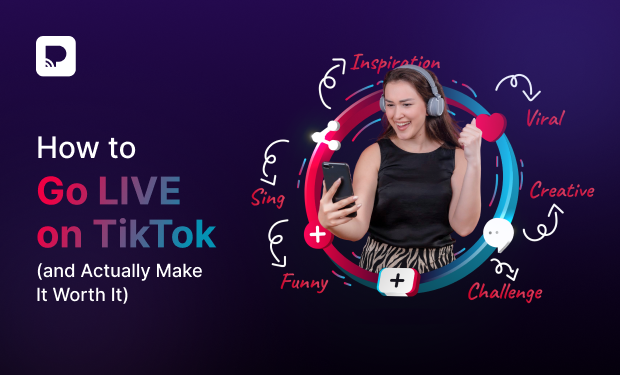 Cheerful woman wearing headphones looks at a phone inside a neon circular frame with icons; headline reads 'How to Go LIVE on TikTok (and Actually Make It Worth It)'