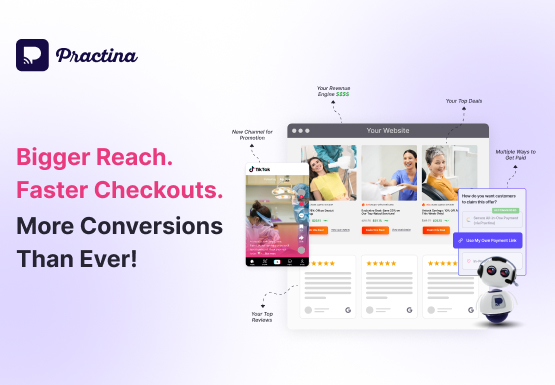 Practina logo on a purple gradient background with a collage of website screens and a small friendly robot, beside the headline 'Bigger Reach. Faster Checkouts. More Conversions Than Ever!'