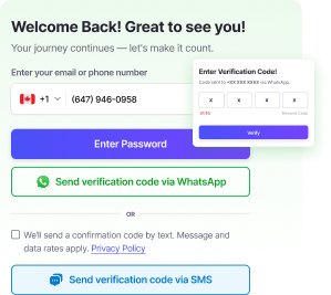 Welcome back login screen with email/phone input, verification code panel, and an 'Enter Password' button.