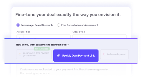 Modal for customizing a deal: choose Percentage-Based Discounts or Free Consultation, enter Actual Price and Offer Price, and a highlighted panel with a 'Use My Own Payment Link' button.