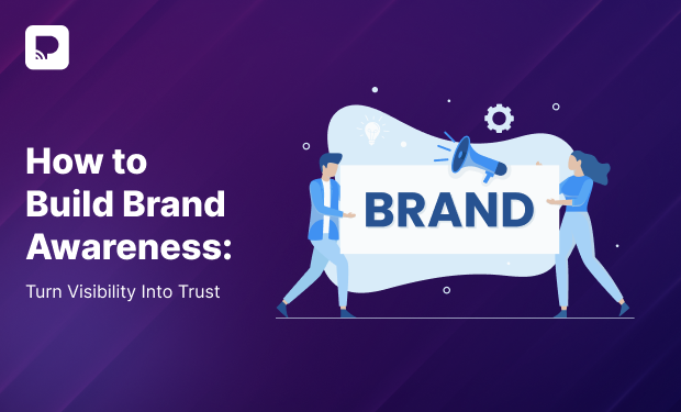 Two people hold a 'BRAND' banner with a megaphone on a purple gradient background; left-side title reads 'How to Build Brand Awareness'