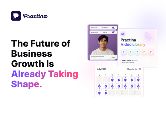 Hero banner with Practina logo, bold headline about the future of business growth, and floating UI cards (video library and calendar).