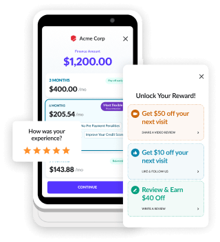 Mobile app dashboard with plan cards and a floating feedback bubble asking 'How was your experience?' with star rating, plus a rewards panel titled 'Unlock Your Reward!' offering discounts.