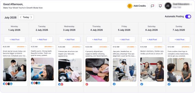 Content calendar for July 2026 showing daily posts with 'Add Post' buttons and thumbnails on each day, for a social media scheduler UI.