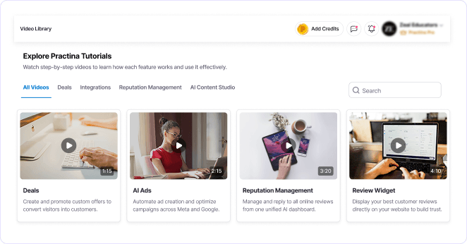 Screenshot of an online video library UI titled 'Explore Practina Tutorials' with four tutorial cards: Deals, AI Ads, Reputation Management, and Review Widget, each with a play button icon and brief descriptions.