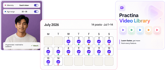 Three UI cards: a user profile with ethnicity and age-range filters, a July 2026 calendar with marked days, and a Practina Video Library splash with colored play icons.