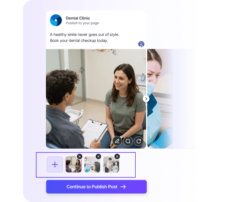 Publish dialog for a dental-clinic post showing a photo of a dentist consulting a patient, caption about dental checkups, and a 'Continue to Publish Post' button.