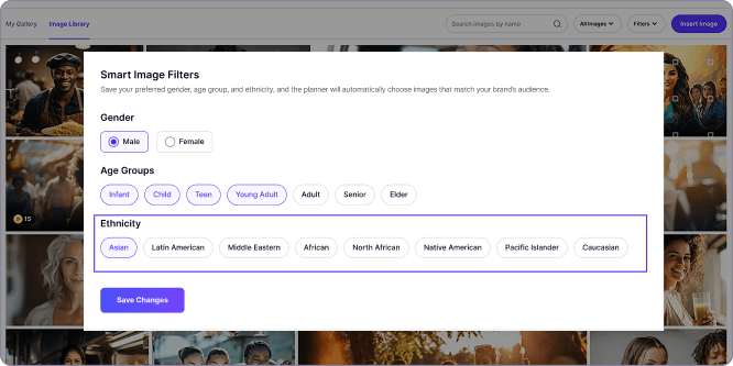 Smart Image Filters modal with gender, age group, and ethnicity options and a Save Changes button.
